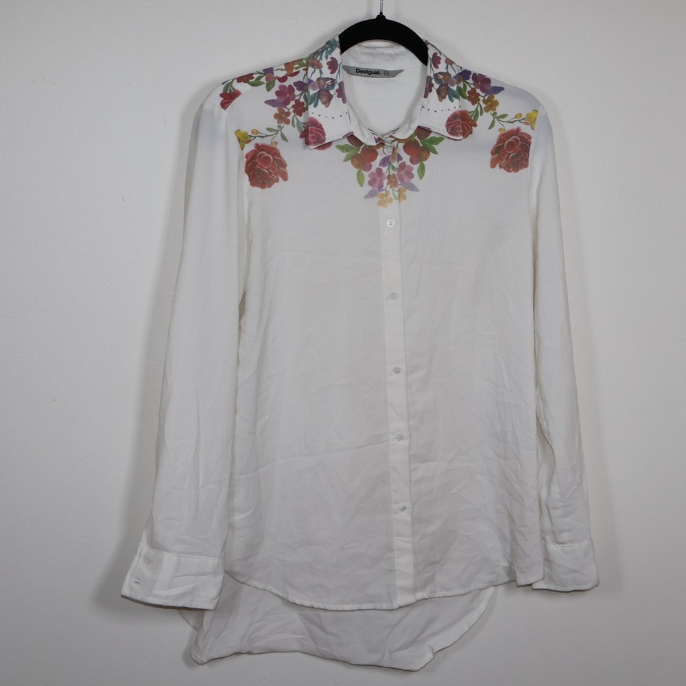Desigual Shirt Small White Floral Print Button Down High Low